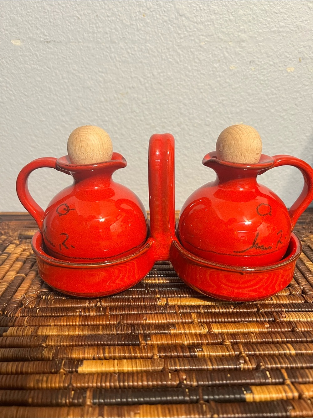 Red Oil And Vinegar Cruet Set W/ Caddy Stand Made in Italy